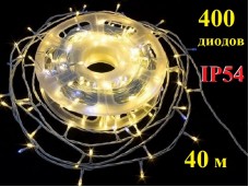 Уличная елочная гирлянда нить Желтая с белым мерцанием 40 метров 400 LED Белый провод 2 мм IP54