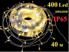 Уличная елочная гирлянда нить Желтая с белым мерцанием 40 метров 400 LED Белый провод 2 мм IP65