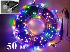 Уличная елочная цветная гирлянда нить 50 метров Диоды 7 мм Черный провод 2 мм IP65