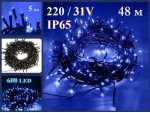 Уличная елочная гирлянда нить Синяя 48 метров 600 LED адаптер 220/24V Зеленый провод IP54