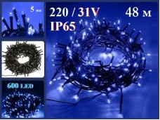 Уличная елочная гирлянда нить Синяя 48 метров 600 LED адаптер 220/24V Зеленый провод IP54