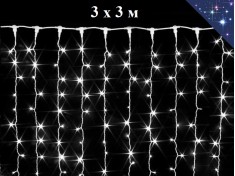 Уличная гирлянда Светодиодный занавес 3х3 метра Холодный белый свет с мерцанием 600 LED 16 нитей Белый провод