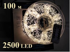 Гирлянда роса Мишура Хвоя теплая белая 100 метров 2500 диодов зеленая нить WL