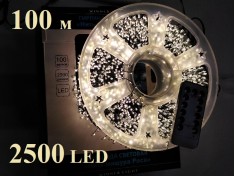 Гирлянда роса Мишура Хвоя теплая белая 100 метров 2500 диодов зеленая нить WL