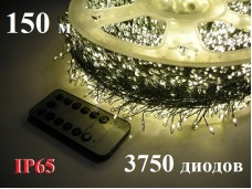 Гирлянда роса Мишура Хвоя теплая белая 150 метров 3750 диодов зеленая нить WL