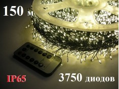 Гирлянда роса Мишура Хвоя теплая белая 150 метров 3750 диодов зеленая нить WL