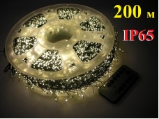 Гирлянда елочная роса Мишура 200 метров Хвоя теплая белая зеленая нить IP65