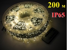 Гирлянда елочная роса Мишура 200 метров Хвоя теплая белая зеленая нить IP65